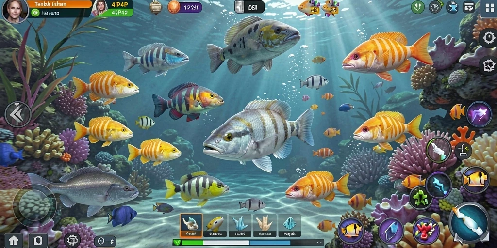 Tampilan gameplay 4P4P dengan aksi menangkap ikan yang seru.