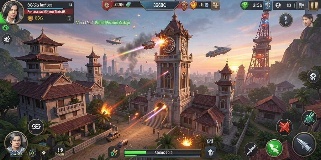 Screenshot utama menunjukkan aksi menegangkan dalam gameplay Tower Defense.