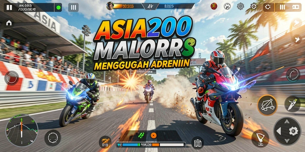Screenshot utama ASIA200 menampilkan aksi balapan motor yang intens.