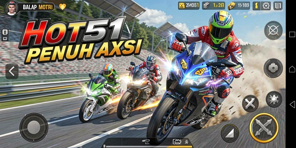 Gameplay seru HOT51 dengan balapan motor yang mendebarkan.