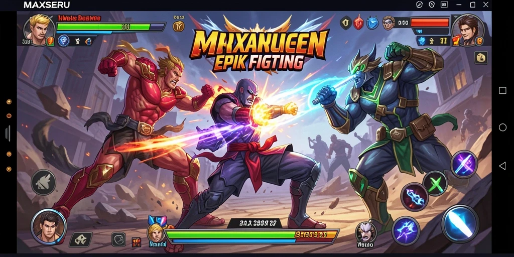 Screenshot MAXSERU yang menampilkan pertarungan sengit antara karakter-karakter unik.