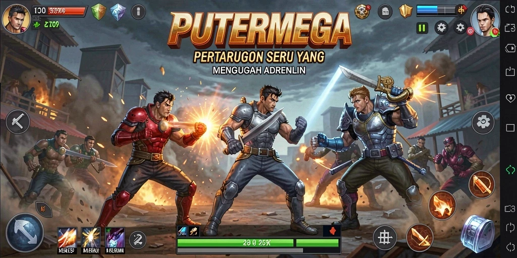 Screenshot pertarungan epik dalam PUTERMEGA dengan karakter-karakter yang beraksi.