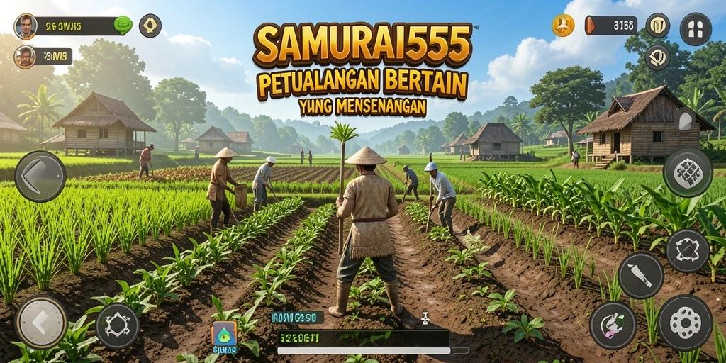 Screenshot gameplay <strong>SAMURAI555</strong> menampilkan pemandangan ladang hijau yang subur.