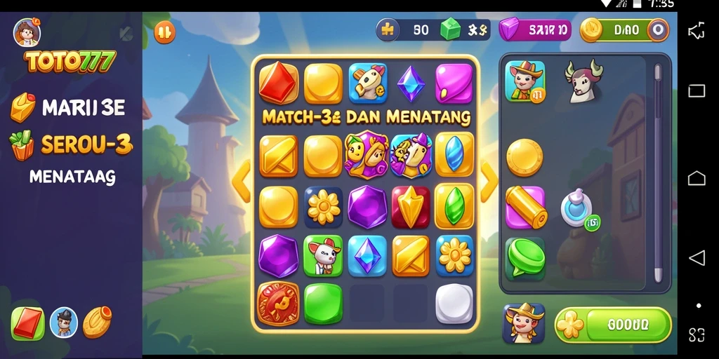 Screenshot utama TOTO777 menampilkan gameplay mencocokkan permata yang penuh warna.