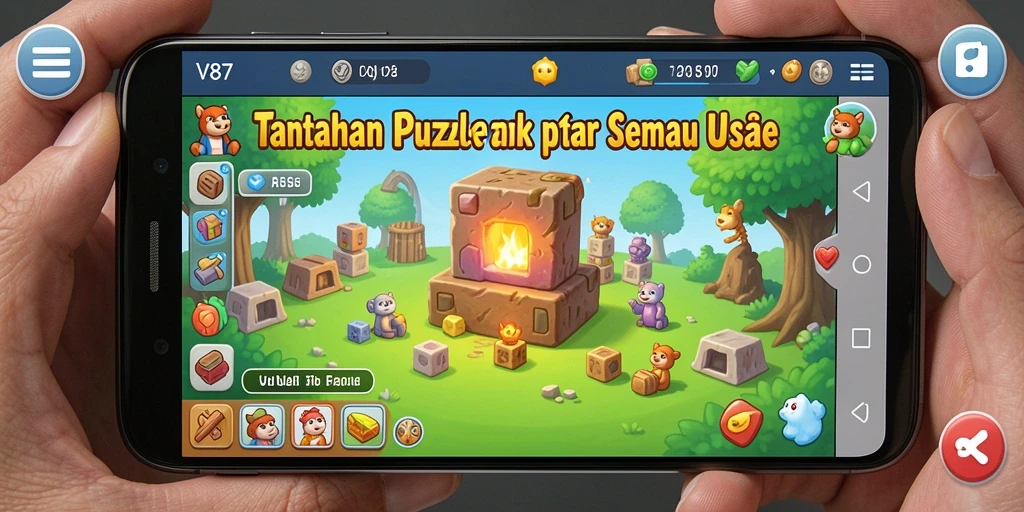 Screenshot gameplay V87 yang menunjukkan berbagai level puzzle.